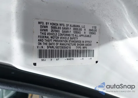 2002 Honda Odyssey Ex-L z USA, uszkodzony, nr VIN 5FNRL18072B004219